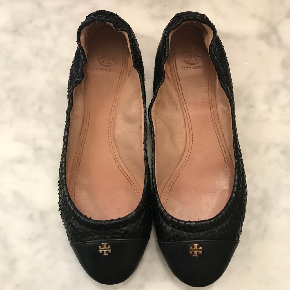 Tory Burch York Ballet Glossy Snake Leather Black